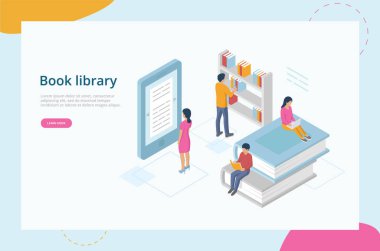 Isometric Online Kütüphane Konsepti. Web sitesi İniş Sayfası. Erkek ve Kadın Karakterler Kitap okuyor, İnternet 'te Gerekli Bilgileri Arıyor, Çevrimiçi Kütüphanede Çalışıyor. 3B Vektör İllüstrasyonu