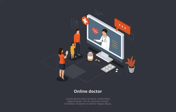 Concepto isométrico del cuidado de la salud, doctor en línea y consulta médica. Familia en la cita con el doctor. Soporte médico en línea con la mujer Doctor Consulting en la pantalla de la computadora. Ilustración vectorial 3D — Archivo Imágenes Vectoriales