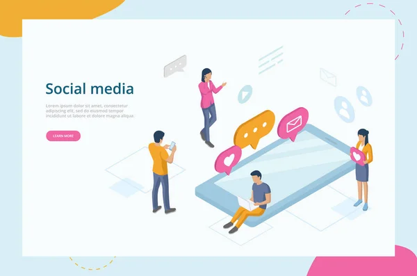 Audience Influence, Social Opinion, Media Influence. Website Landing Page. Characters Using Gadgets To Sending, Sharing Posts, Communicate In Social Media. Web Page Isometric 3D Vector Illustration — Stock Vector