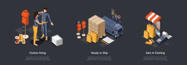 Mevcut ve Emir Altında Kıyafet Üretimi. Fabrikada, indirimli ürünlerde, dünyanın herhangi bir yerinde karadan ve deniz taşımacılığında moda kıyafetleri dikme süreci. Isometric 3D Vektör İllüstrasyonu