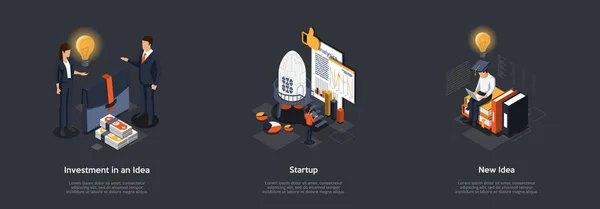 Concept Of Developing New Idea And Startup. Characters Working On New Idea And Making It Happen. Process Of New Idea Creation, Investor Searching And Risks Analysing. Isometric 3D Vector Illustration — Stock Vector