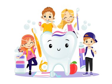 Mutlu Gülümseyen Çocuklar Dişlerini Fırçalıyor. Diş Sağlığı Konsepti. Genç neşeli erkek ve kadın karakterler, diş bakımı malzemeleri ve beyaz arka planda büyük bir diş. Düz Çizgi Film Biçimi Vektör Tasarımı