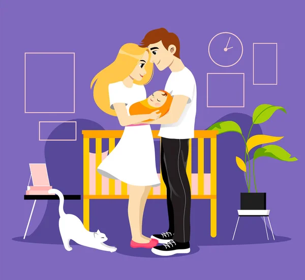 Padres jóvenes Pareja sosteniendo a su bebé recién nacido. Dormitorio para niños con cuna, plantas y gato. Feliz madre sonriente y padre con hijo. Concepto de paternidad. Ilustración colorida del vector en estilo plano — Vector de stock