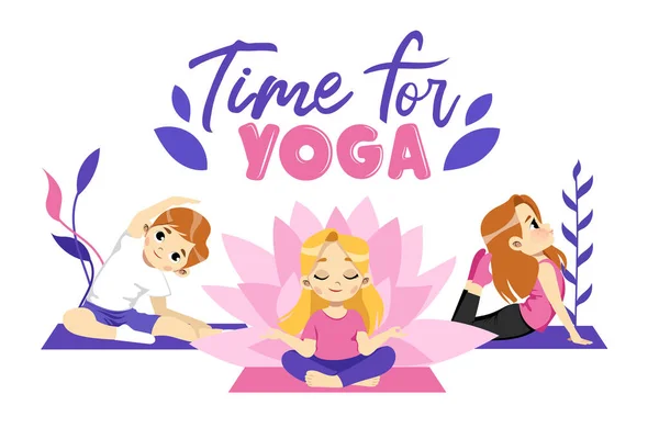 Drie schattige mannelijke en vrouwelijke personages doen Yoga op tapijten. Cartoon Vector Illustratie met schrijven op witte achtergrond. Jongeren in verschillende uitrekken en Meditatie houdingen. Tijd voor Yoga Concept — Stockvector