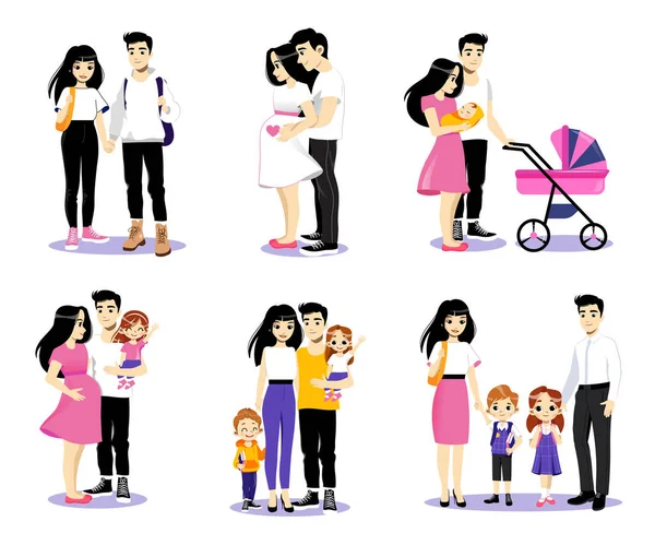 Love Story Concept Cartoon Illustration (em inglês). Conjunto de Seis Casais em Diferentes Fases de Relacionamento. Imagem vetorial em estilo plano. Família jovem de personagens masculinos e femininos com duas crianças em crescimento —  Vetores de Stock