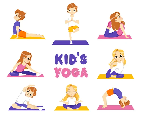 Ilustración del estilo de vida saludable con el sistema de niños que hacen yoga. Gimnasia para niños. Vector en estilo plano sobre fondo blanco. Happy Little Characters And A Colorful Writing. Concepto de yoga para niños — Archivo Imágenes Vectoriales