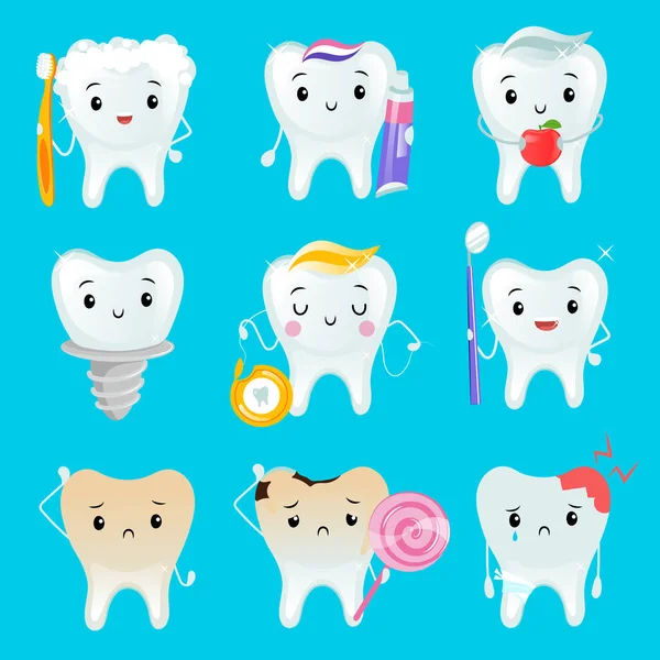 Ein Satz Cartoon-Zähne. Vektorillustration verschiedener Zähne auf blauem Hintergrund. Frohe gesunde Zähne mit Zahnbürste, Zahnpasta und anderen Gegenständen der Zahnpflege. Vernachlässigte traurige Zähne — Stockvektor