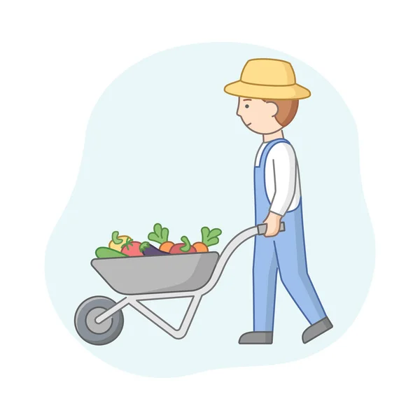 Linear Cartoon Farmer In Hat and Denim Overalls Pushing Wheelbarrow With Vegetables. Молодой сельскохозяйственный работник с сельской техникой. Корзина, полная летней жатвы. Векторный контур — стоковый вектор