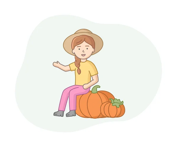 Mulher sorridente Farmer personagem com duas grandes abóboras laranja. Desenhos animados Estilo Vector Ilustração em fundo branco e azul. Conceito de colheita agrícola Design Linear. Personagem feminina em chapéu de abas largas —  Vetores de Stock