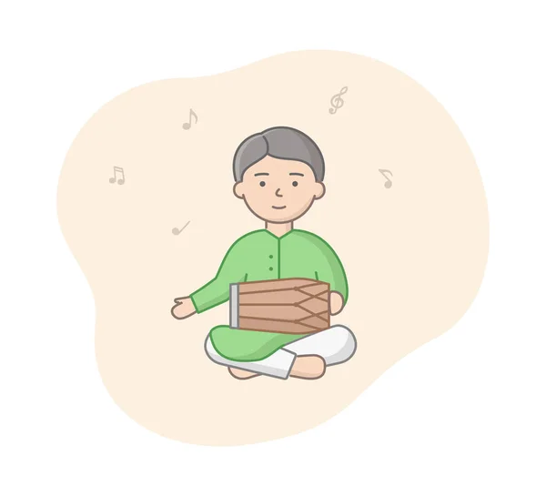 Man van India in groene traditionele outfit spelen Tabla. Man karakter het maken van muziek met behulp van bruine Indiase Drum. Vector cartoon stijl samenstelling met lineaire contouren objecten. Muzikale noten die rondvliegen — Stockvector