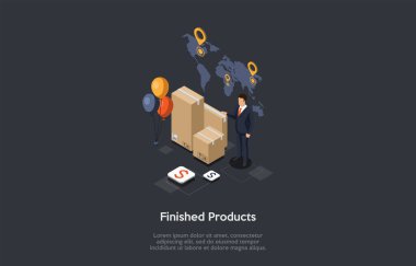 Ürün Tanıtımı ve Reklam Konsepti. Donanma kıyafetli adam bitmiş ürünler ve balonlarla kutuların yanında duruyordu. Konum İşaretleyici Arkaplanı Haritası. 3d Isometric Vektör İllüstrasyonu