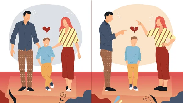 Concepto de relación y familia. Los padres sonrientes animan a su hijo. Mamá y papá empiezan a pelear. El esposo y la esposa se señalan los dedos unos a otros al verter el estado de ánimo de un niño. Estilo plano Vector Ilustración — Vector de stock