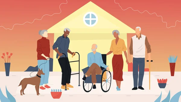 Concetto sanitario per disabili. Persone con disabilità nella vita quotidiana. Uomo seduto sulla sedia a rotelle. Donne con cane e uomo con protesi che camminano insieme all'aperto. Illustrazione vettoriale in stile piatto — Vettoriale Stock