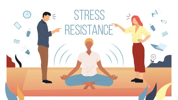 Stress Resistance Concept. Male And Female Couple Fight With Each Other Over Everyday Routine. Relaxed Man Sits In The Middle. A Person Who Is Not Bothered By Stress. Flat Style Vector Illustration — Stock Vector