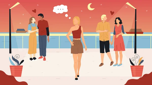 Kärlek och relation Begreppet. Flickor och pojkar njuter av sin varma sommarkväll promenader längs kusten. Pensive Girl går ensam i månskenet och ser sig omkring. Platt stil vektor Illustration — Stock vektor