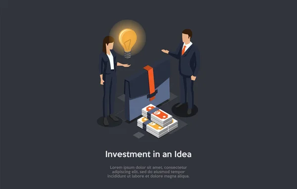 Investimentos em uma ideia, conceito de inicialização. Empresária transfere uma lâmpada simbolizando uma nova ideia para o empresário. Maleta e pilha de dinheiro em fundo cinza. Ilustração vetorial isométrica 3d —  Vetores de Stock