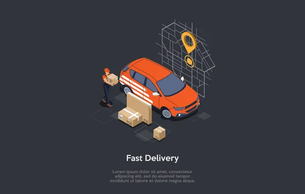 Express Delivery Courier Service Concept. Corriere veloce di servizio di consegna in uniforme del lavoro che porta le scatole delle dimensioni differenti all'automobile per ulteriore consegna. Illustrazione vettoriale isometrica 3d colorata — Vettoriale Stock