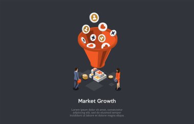 Market Growth, Business Prosperity Concept. Business Partners Stand In Front Of Big Basket And Stacks Of Money Holding Briefcases. Different Icons Fall Into Basket. 3d Isometric Vector Illustration clipart