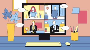 Çevrimiçi Video Konferansı Yapan İnsanlar Grubu. Masaüstü bilgisayarı masanın üzerinde duruyor ve etrafını sarıyordu. Konsept Vektör İllüstrasyonu, Düz Stil. Modern Teknoloji İş Görüşmesi. Erkek ve Kadın Çalışanlar