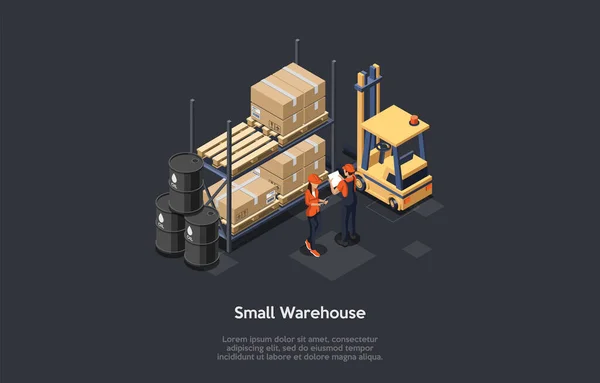 Manufacture And Storage Concept. Female And Male Characters In Uniform Working At The Small Warehouse. Barrels With Oil, Boxes On The Pallets And Forklift. Colorful 3d Isometric Vector Illustration — Stock Vector