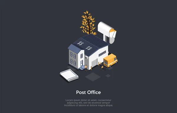 Office and Parcel Delivery Service Concept 의 약자이다. The Postbox With Letters Near the Post Office Bulding 의 약자이다. 우체국 근로자들이 화물을 받고 운반선으로 들어간다. 3d 이 물질적 인 실험 — 스톡 벡터