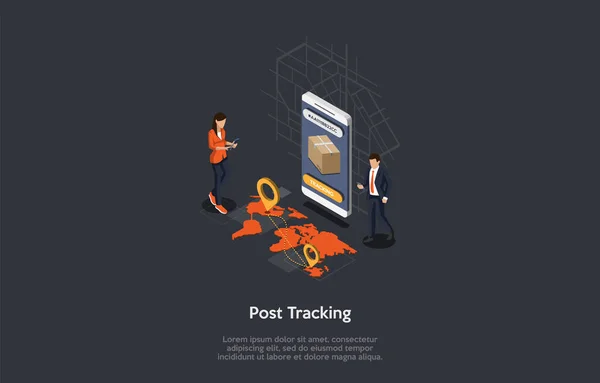 Postzustellung, Paketverfolgungskonzept. Tracking-Nummer auf einem Smartphone-Bildschirm, Karte mit Standortmarken. Die Menschen verfolgen die Pakete mithilfe von Geräten und Internet. 3D Isometrische Vektor-Illumination — Stockvektor