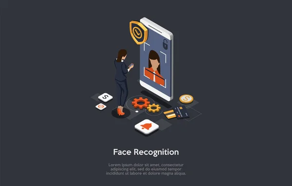 Tecnologia moderna, sblocco del dispositivo, riconoscimento facciale, concetto di sblocco del viso. Il personaggio femminile ottiene l'accesso alle funzioni e alle impostazioni sullo smartphone utilizzando il riconoscimento facciale. Illustrazione vettoriale isometrica 3d — Vettoriale Stock