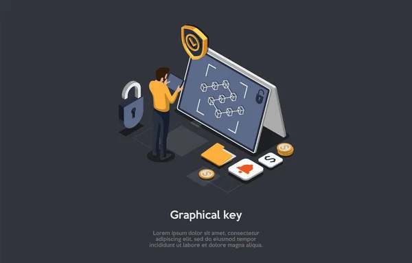 Mobile Technology, Device Security, Graphic Key Concept. Male Character Unlocks The Device Drawing A Grafic Key. Graphic Key Request On Big Tablet Screen. Colorful 3d Isometric Vector Illstration — Stock Vector