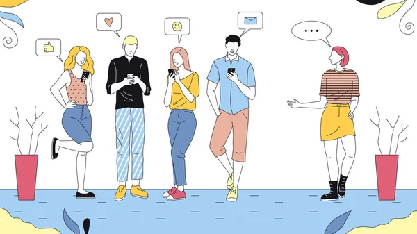 若い男性と女性の文字のグループは、彼らのスマートフォンを使用して,一人の女の子は、それらを見て質問.概要付きカラフルなベクトルイラスト。ソーシャルネットワークの概念の線形組成 — ストックベクタ