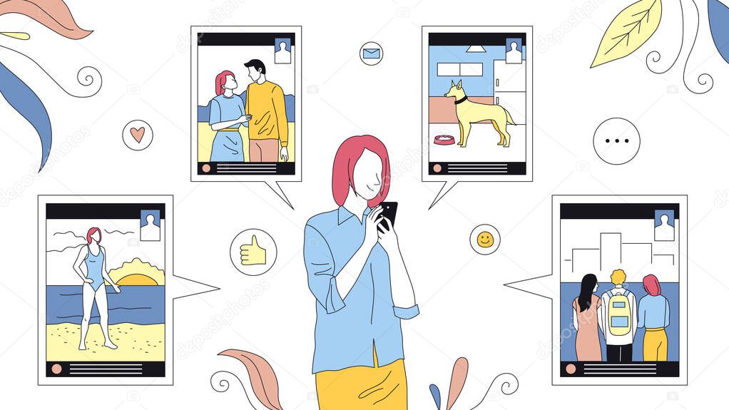 Young Female Character Browse Social Networks. Woman Posting Images, Sharing Moments Of Her Life. Vector Illustration With Outline. Cartoon Style Linear Composition. Online Phone Life Concept Clip Art