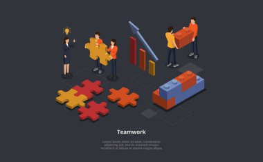 Takım çalışması Isometric Illustration. Karikatür Erkek ve Kadın Karakterleri 'nin 3 boyutlu Yapay İşbirliği Yapbozu' ndaki vektör bileşimi. Blokları ve Dosyası Olan İnsanlar Grubu