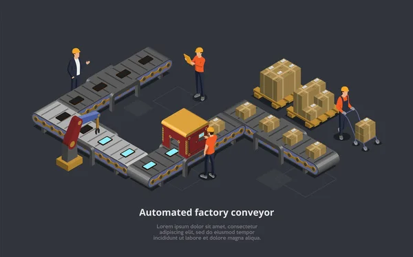 Vector Illustratie van Automated Factory Conveyor. Isometrische 3D compositie, donkere achtergrond. Mechanische productielijn met dozen, robotarmen, arbeiders in oranje uniform, superieur in pak controleren — Stockvector