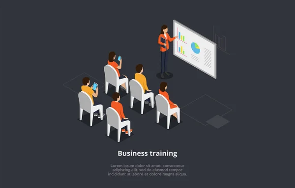 Business Training Or Course Concept Vector Illustration. Izometrická 3D kompozice se skupinou lidí studujících z obrazovky. Ženská postava ukazující na graf, další muži a ženy dívající se na ni — Stockový vektor