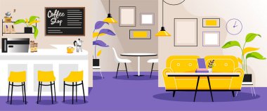 Boş Kafe 'nin Düz Çizgi Filmlerinde Vektör Resimleri. Kahve Dükkanı Renkli Kapalı Tasarım. Menüsü, masaları, tezgahı, barı, koçu, çiçekleri, diğer hoş elementleri olan hoş bir restoran odası.