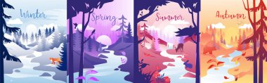 Four Seasons Concept Illustration dergisi. Kışın, baharın, yazın ve sonbaharın vektör kompozisyonu. Farklı zamanlarda tek bir bölgenin renkli klip sanatı. Küçük Nehirli Doğa, Ağaçlar, Güneş ve Hayvanlar