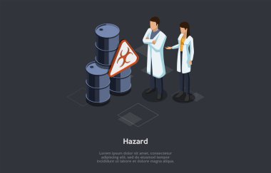 İlaç, eczane ve sağlık sigortası konsepti. Tehlike Uyarı Sembolü. Biyolojik tehlike tanımlaması ve değerlendirmesi. Biyolojik Tehlike Teşhisi ve Önleme. Renkli 3d Isometric Vektör İllüstrasyonu