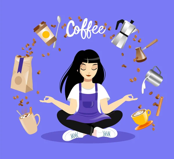 Jovem personagem feminina sentada na dose de lótus, itens de café levitar ao redor. Menina Barista vestindo avental meditando em fundo azul. Conceito de amante de café ilustração vetorial em estilo plano colorido —  Vetores de Stock