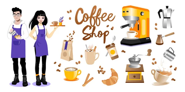 Coffee Cartoon Items Set On White Background. Flat Style Vector Illustration Of Male And Female Barista Characters In Aprons And Different Coffee Shop Elements Gradient Writing, Coffee Cups, Grains — Stock Vector