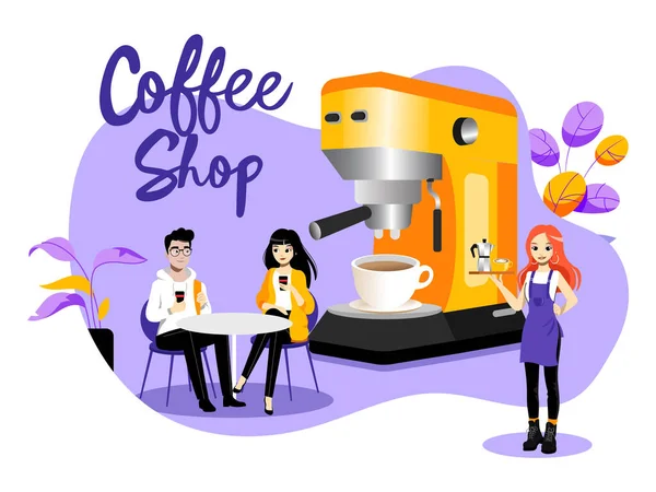 Vector Illustration Of Coffee Shop Concept. Male And Female Characters At Table Drinking Coffee, Waitress Serving Tray With Beverage Cup And Coffee Pot. Colorful Cartoon People And Big Coffee Machine — Stock Vector