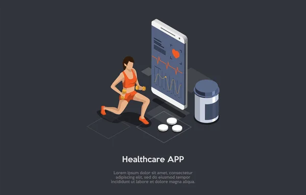 Sport Trainings, Exercises With Weight, Healthcare Concept. Strong Young Woman Exercising With Dumbbells Using Healthcare Application To Track Her Heartbeat. Colorful 3d Isometric Vector Illustration