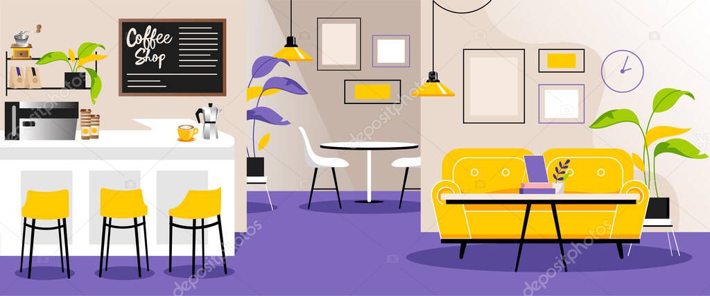 Vector Illustration In Flat Cartoon Style Of Empty Cafe Interior. Coffee Shop Colorful Indoor Design. Lovely Restaurant Room With Menu, Tables, Counter, Bar, Coach, Flowers, Other Cosy Elements Around