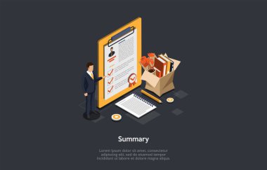 İş ve Konsepte Devam Et. Ofis çalışanı, bir iş arayanın mesleki beceri ve deneyimini ön plana çıkaran özgeçmiş özetini gösteriyor. 3d Isometric Vektör İllüstrasyonu