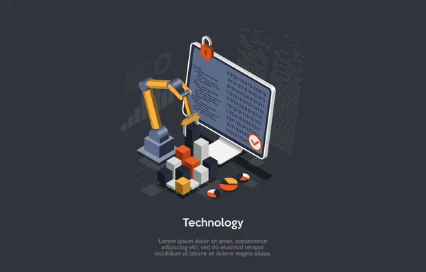 Technologie du convoyeur, concept de levage et de manutention. L'écran affiche les données déverrouillées. L'équipement de transport permet de déplacer et d'inverser les objets soulevés. Illustration vectorielle isométrique 3d — Image vectorielle