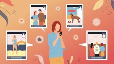 Concept Of Social Networks And Cyberspace. Young Girl Using Gadget To Chat In Social Media With Her Friends. Woman Send Emails, Make Posts And Give Feedbacks. Cartoon Flat Style. Vector Illustration clipart