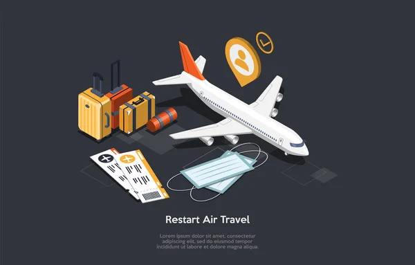Nemzetközi légi utazás, légitársaság felújított szolgáltatás és biztonságos újraindítása koncepció. Repülőgép és egy sor turisztikai, nyaralás, utazás, utazási tárgyak. Színes 3D izometrikus vektor illusztráció. — Stock Vector