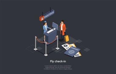 Uluslararası Hava Yolları ve Uçuş Kontrolü Konsepti. Bir havaalanı çalışanı, yolcuların belgelerini ve pasaport kontrol noktasındaki bavullarını kontrol ediyor. Renkli 3d Isometric Vektör İllüstrasyonu
