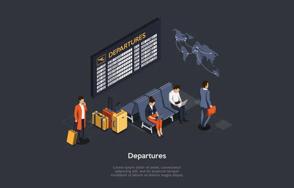 International Air Travel Concept. I passeggeri siedono nella sala d'attesa utilizzando i loro computer portatili collegati a Internet. L'uomo con la valigia aspetta vicino alla tavola delle partenze. Illustrazione vettoriale isometrica 3d — Vettoriale Stock