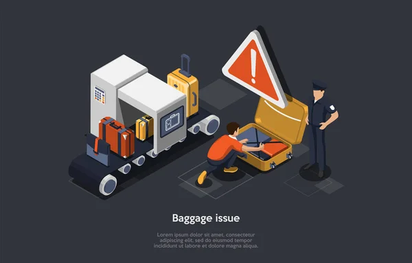 Airport Luggage Issue Concept. Registrazione bagagli o bagagli, controllo di sicurezza. Bagagli aeroportuali su un trasportatore per il controllo dei bagagli, problemi con i bagagli, problemi con i bagagli. Illustrazione vettoriale isometrica 3d colorata — Vettoriale Stock