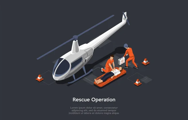 Resque Equipment And Helicopter Flight Resque System Concept (dalam bahasa Inggris). The Rescuers Datang Dengan Helikopter Gunakan Peralatan Khusus Untuk Mengevakuasi Dan Untuk Menyelamatkan Wanita. Ilustrasi Vektor Isometrik 3d berwarna - Stok Vektor