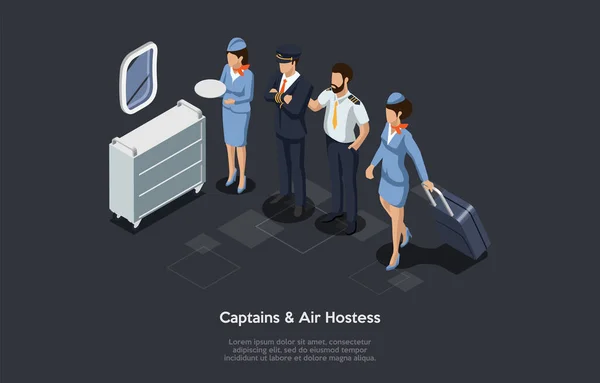 Equipaggio, capitani e assistenti di volo Concept. Hostess aerea, capitano e pilota su un bordo di un aereo formano collettivamente un equipaggio di volo. Illustrazione vettoriale isometrica 3d su sfondo grigio scuro — Vettoriale Stock